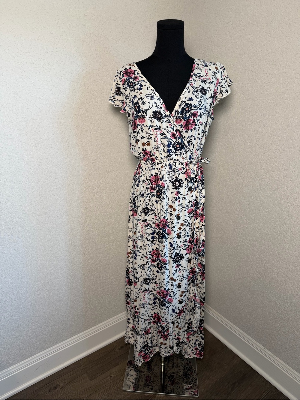 White Floral Wrap Maxi Dress with Pink and Navy Accents